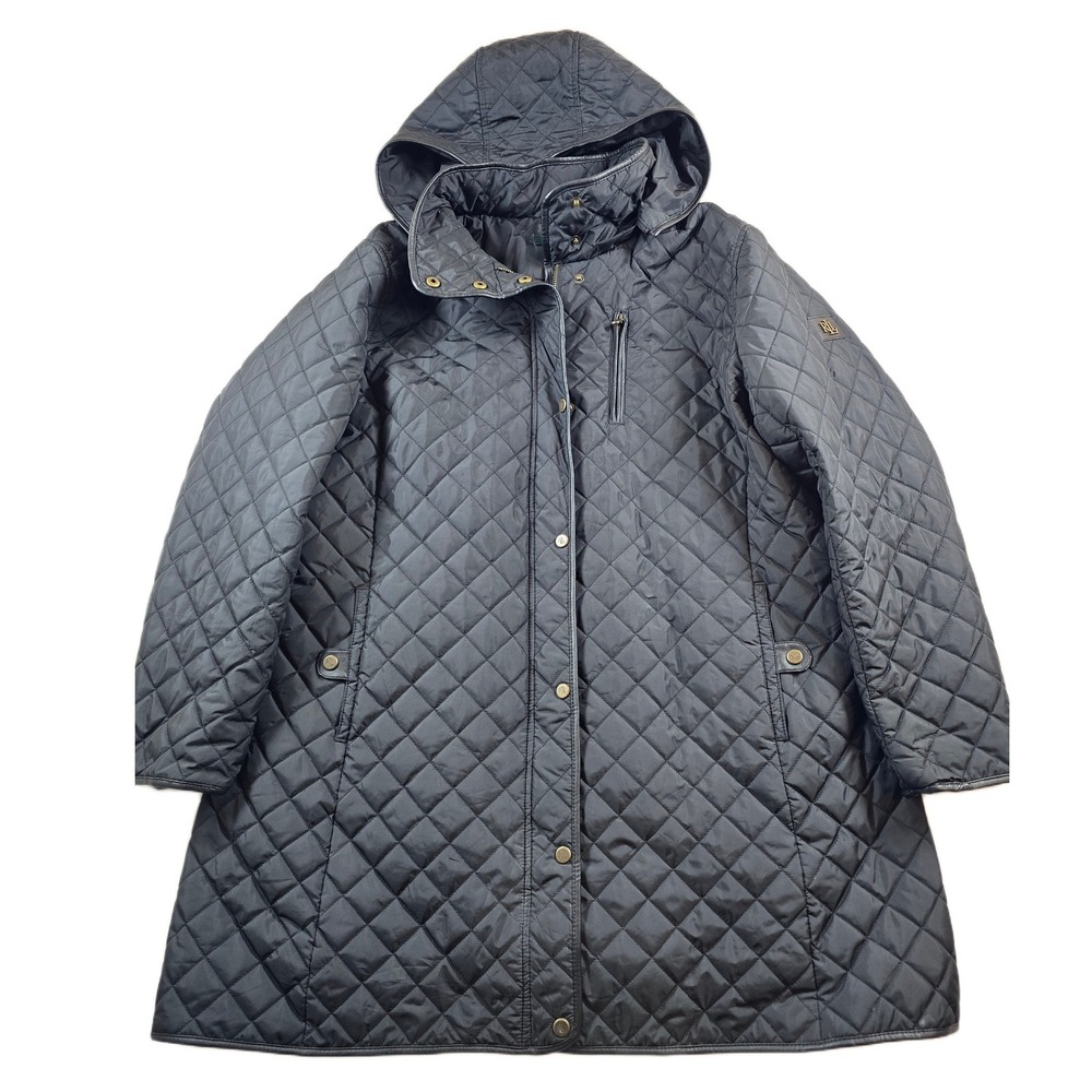 Lauren Ralph Lauren Quilted Coat Women 2X/3X Plus Black Faux Leather Trim Hood